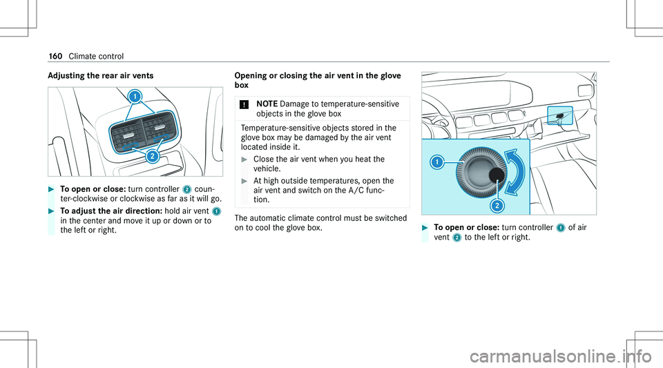 MERCEDES-BENZ GLE 2020  Owners Manual �A�d�j�u�s�t�i�n�g��t�h�e��r�e�a�r��a�i�r��v�e�n�t�s��T�o��o�p�e�n��o�r��c�l�o�s�e�:��t�u�r�n� �c�o�n�t�r�o�l�l�e�r� �2� �c�o�u�n