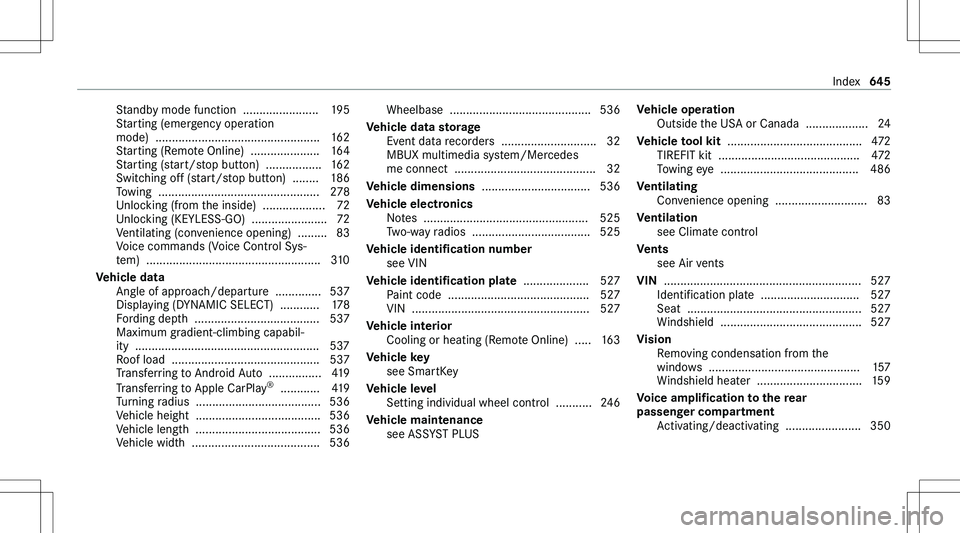 MERCEDES-BENZ GLE 2020  Owners Manual �S�t�a�n�d�b�y� �m�o�d�e� �f�u�n�c�t�i�o�n� � �.�.�.�.�.�.�.�.�.�.�.�.�.�.�.�.�.�.�.�.�.�.�. �1�9�5
�S�t�a�r�t�i�n�g� �(�e�m�e�r�g�e�n�c�y� �o�p�e�r�a�t�i�o�n
�m�o�d�e�)� � �.�.�.�.�.�.�.�.�.�.�.�.�.�