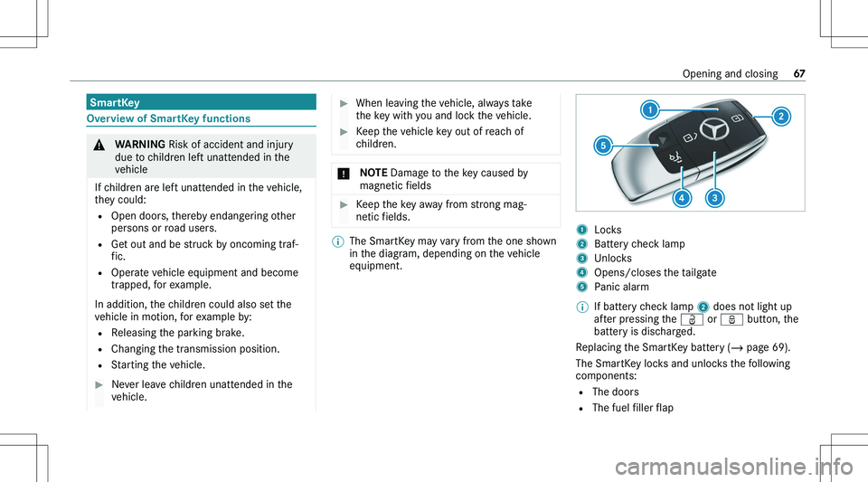 MERCEDES-BENZ GLE 2020 Repair Manual �S�m�a�r�t�K�e�y
�O�v�e�r�v�i�e�w��o�f��S�m�a�r�t�K�e�y��f�u�n�c�t�i�o�n�s
�&�W�A�R�N�I�N�G� �R�i�s�k� �o�f� �a�c�c�i�d�e�n�t� �a�n�d� �i�n�j�u�r�y
�d�u�e� �t�o� �c�h�i�l�d�r�e�n� �l�e�f�t� �u�n�a�