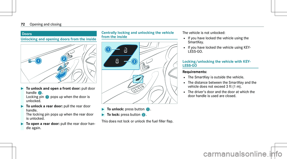 MERCEDES-BENZ GLE 2020 Manual PDF �D�o�o�r�s
�U�n�l�o�c�k�i�n�g��a�n�d��o�p�e�n�i�n�g��d�o�o�r�s��f�r�o�m��t�h�e��i�n�s�i�d�e
��T�o��u�n�l�o�c�k��a�n�d��o�p�e�n��a��f�r�o�n�t��d�o�o�r�:��p�u�l�l� �d�o�o�r
�h�a�n�d�l�e�  
