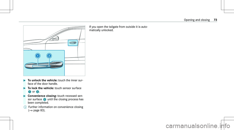 MERCEDES-BENZ GLE 2020 Manual PDF ��T�o��u�n�l�o�c�k��t�h�e��v�e�h�i�c�l�e�:��t�o�u�c�h� �t�h�e� �i�n�n�e�r� �s�u�r