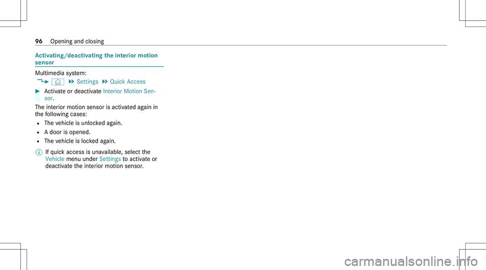 MERCEDES-BENZ GLE 2020  Owners Manual �A�c�t�i�v�a�t�i�n�g�/�d�e�a�c�t�i�v�a�t�i�n�g��t�h�e��i�n�t�e�r�i�o�r��m�o�t�i�o�n
�s�e�n�s�o�r
�M�u�l�t�i�m�e�d�i�a� �s�y�s�t�e�m�:
�4 �©� �5
�S�e�t�t�i�n�g�s � �5
�Q�u�i�c�k� �A�c�c�e�s�s
��A�