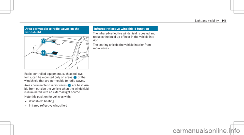 MERCEDES-BENZ GLE 2021  Owners Manual Ar
ea per mea bletoradio wav eson the
wind shield Ra
dio-co ntro lled equipmen t,suc has tollsy s‐
te ms, can bemount edonly onareas 1ofthe
winds hieldthat areper meabl eto radio wav es.
Ar eas perm