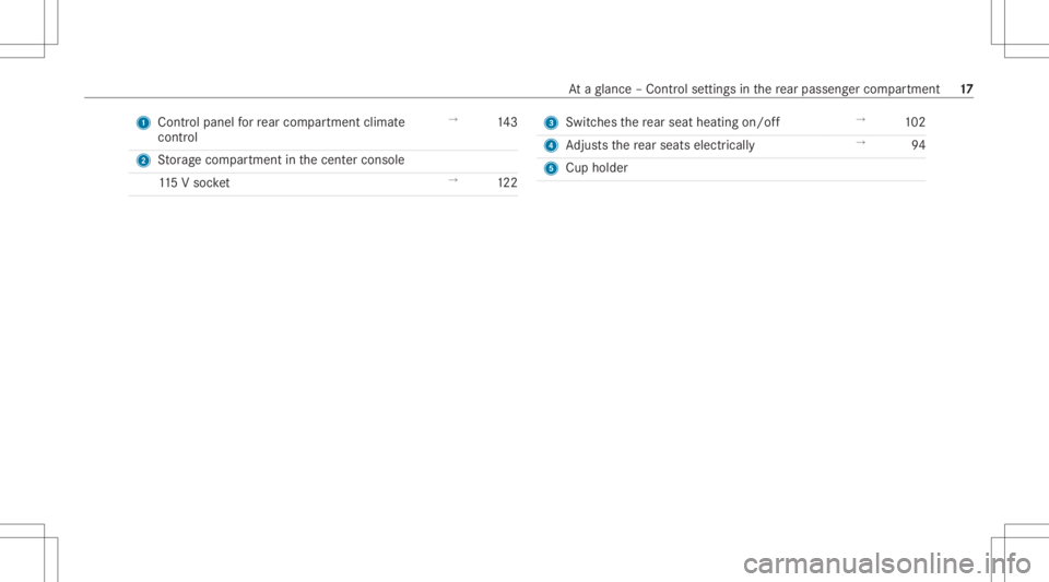 MERCEDES-BENZ GLE 2021 User Guide 1
Control pan elforre ar com partment clim ate
con trol →
143
2 Stor ag ecom partmen tin thecent ercon sole
11 5V soc ket →
122 3
Switches there ar seat heatingon/of f →
102
4 Adjus tsthere ar s MERCEDES-BENZ GLE 2021 User Guide 1
Control pan elforre ar com partment clim ate
con trol →
143
2 Stor ag ecom partmen tin thecent ercon sole
11 5V soc ket →
122 3
Switches there ar seat heatingon/of f →
102
4 Adjus tsthere ar s