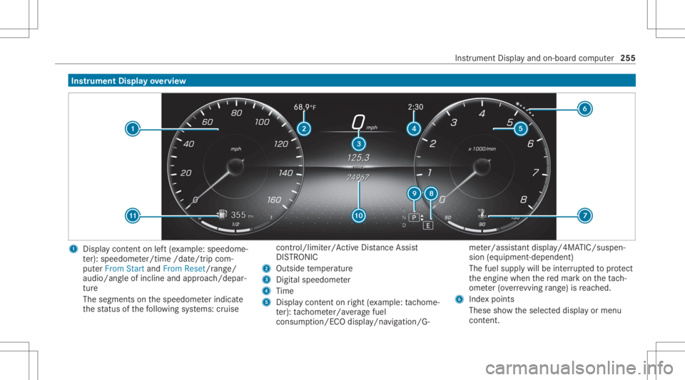 MERCEDES-BENZ GLE 2021  Owners Manual Ins
trum ent Disp layove rview 1
Displa ycon tent on left (exa mp le:speedom e‐
te r): spee dome ter/time /date/tripcom‐
put erFrom StartandFrom Reset/rang e/
au dio/a ngleof incline andapproac h/