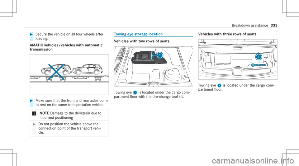 MERCEDES-BENZ GLE 2021 Owners Manual #
Secu retheve hicle onallfour wheel saf te r
loading .
4MA TICvehicl es/vehicl eswith automatic
tr ansmiss ion #
Mak esur eth at thefront and rear axle scom e
to rest on thesame transpor tatio nve hi MERCEDES-BENZ GLE 2021 Owners Manual #
Secu retheve hicle onallfour wheel saf te r
loading .
4MA TICvehicl es/vehicl eswith automatic
tr ansmiss ion #
Mak esur eth at thefront and rear axle scom e
to rest on thesame transpor tatio nve hi