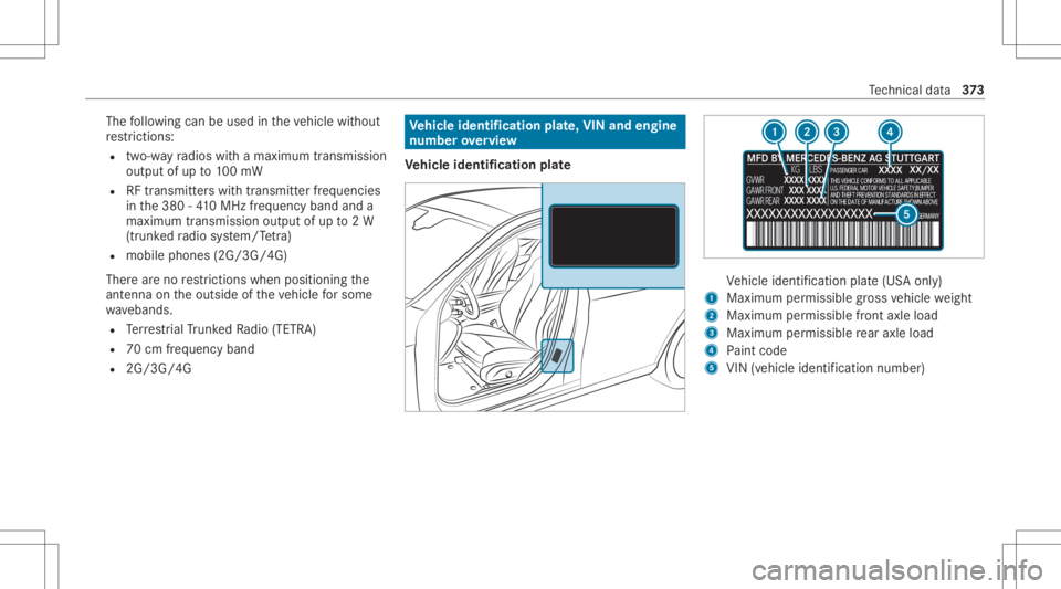 MERCEDES-BENZ GLE 2021 Owners Manual The
follo wing canbeused intheve hicle without
re strictions :
R two-w ayradios withamaximum transmis sion
output ofup to100mW
R RFtransmi tter swit htransmi tter freq uenci es
in the380 -41 0MHz freq MERCEDES-BENZ GLE 2021 Owners Manual The
follo wing canbeused intheve hicle without
re strictions :
R two-w ayradios withamaximum transmis sion
output ofup to100mW
R RFtransmi tter swit htransmi tter freq uenci es
in the380 -41 0MHz freq