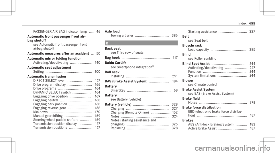MERCEDES-BENZ GLE 2021  Owners Manual PA
SSENGER AIRBAGind icat orlam p.....4 6
Au tomatic fron tpass engerfr on tair‐
bag shutoff
see Automatic front pass engerfront
airb agshut off
Au tomatic measures afte ran acciden t... 50
Au tomat