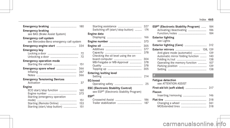 MERCEDES-BENZ GLE 2021  Owners Manual Emer
gency braking ................................. 180
Emer gency braking
see BAS(Br akeAssi stSystem)
Emer gency callsystem
see Mercede s-Benz emer gency callsy stem
Emer gency engine star t.......