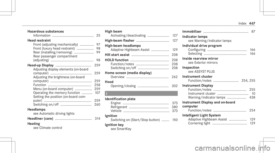 MERCEDES-BENZ GLE 2021  Owners Manual Hazar
doussubstances
Inf ormation ............ ........................ ........25
Head restra int
Fr ont (adjus tingmechanicall y)............... 97
Fr ont (luxur yhead restra int )..................