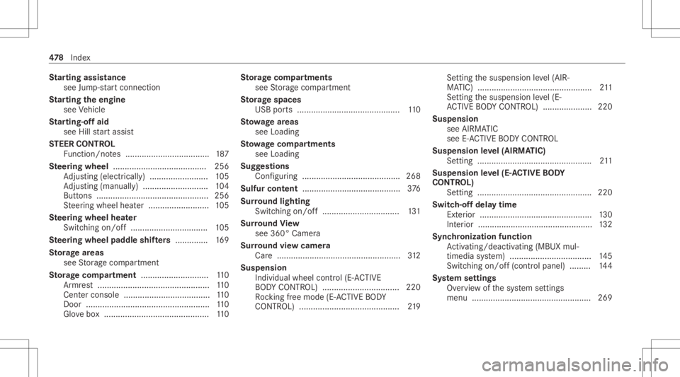 MERCEDES-BENZ GLE 2021  Owners Manual St
arting assistance
see Jump -star tconne ction
St arting theengine
see Vehicle
St arting-o ffaid
see Hillstar tassis t
ST EER CONT ROL
Fu nctio n/no tes .................................... 187
Ste 