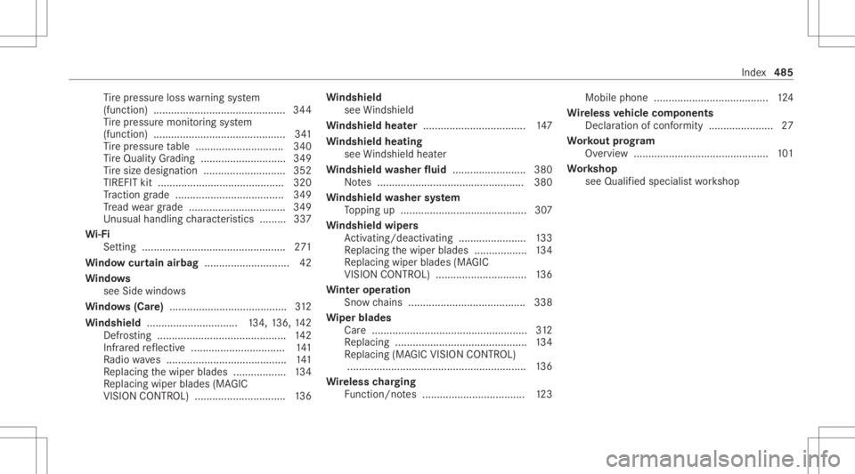MERCEDES-BENZ GLE 2021  Owners Manual Ti
re pressur eloss warning system
(funct ion)............................................. 344
Ti re pressur emonit oring system
(funct ion)............................................. 341
Ti re pre