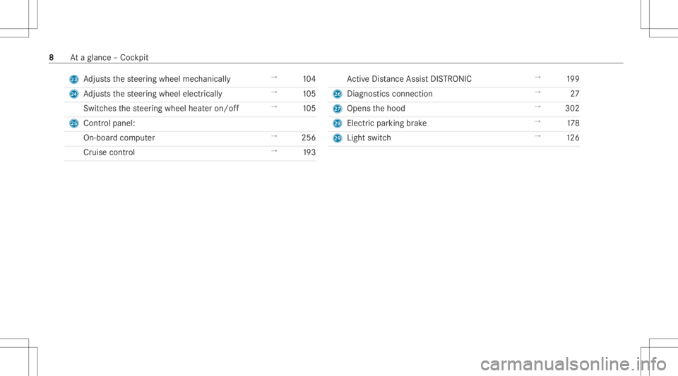 MERCEDES-BENZ GLE 2021  Owners Manual N
Adjus tsthesteer ing wheel mechanicall y →
104
O Adjus tsthesteer ing wheel electrically →
105
Swi tches thesteer ing wheel heateron/ off →
105
P Control pan el:
On -bo ardco mp uter →
256
C