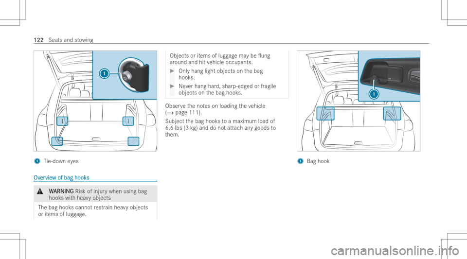 MERCEDES-BENZ GLE 2022  Owners Manual 1
Tie-do wneyes OvOv
er er
vie vie
wof bag hook s w
of bag hook s &
W W
ARNIN G ARNIN
GRisk ofinjur ywhen usingbag
hook swit hhea vyobjects
The bag hook scanno tre str ain he avyobj ect s
or items ofl