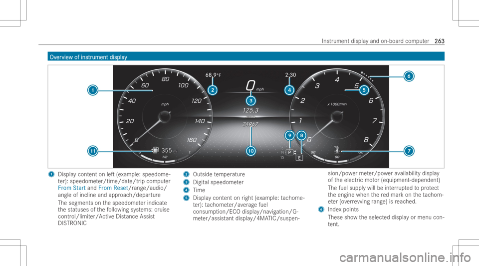 MERCEDES-BENZ GLE 2022  Owners Manual OvOv
er er
vie vie
wof ins w
of ins tr tr
ument display ument
display 1
Displa ycont entonleT (exa mp le:speedome-
te r): speedome ter/time/dat e/tripcom puter
From StartandFrom Reset/r ange/audio/
a