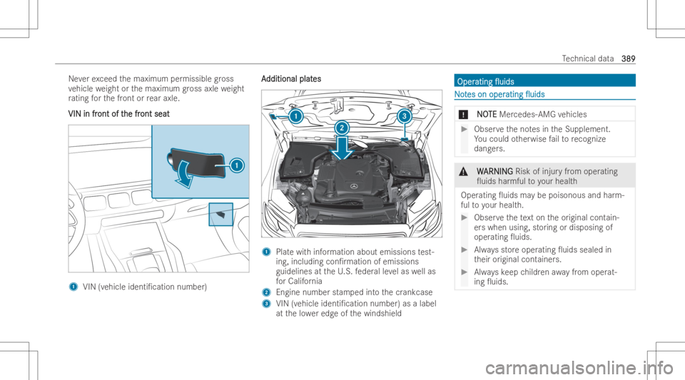MERCEDES-BENZ GLE 2022  Owners Manual Ne
verex ceed themaximum permissible gross
ve hicle weight orthemaximum gross axle weight
ra ting forth efront orrear axle.
VIN infr VIN
infront oft ont
ofthe fr he
front seat ont
seat 1
VIN (vehicle 