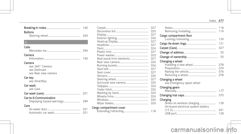 MERCEDES-BENZ GLE 2022  Owners Manual BrBr
ea king-in not ea
king-in notes es
...... ................................... 160
Butt Butt
ons ons
St eer ing wheel....... ................................264 CC
Calls Calls
Mercedes me.........