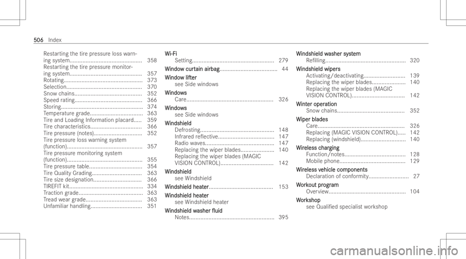 MERCEDES-BENZ GLE 2022  Owners Manual Re
star ting thetir epr essur eloss warn-
ing system.. ...........................................3 58
Re star ting thetir epr essur emonit or-
ing system.. ...........................................