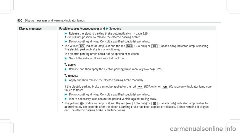 MERCEDES-BENZ GLE 2023  Owners Manual �D�i�s�p�l�a�y� �m�e�s�s�a�g�e�s�P�o�s�s�i�b�l�e� �c�a�u�s�e�s�/�c�o�n�s�e�q�u�e�n�c�e�s� �a�n�d� �P� �S�o�l�u�t�i�o�n�s��R�e�l�e�a�s�e� �t�h�e� �e�l�e�c�t�r�i�c� �p�a�r�k�i�n�g� �b�r�a�k�e� �a�u�t�o