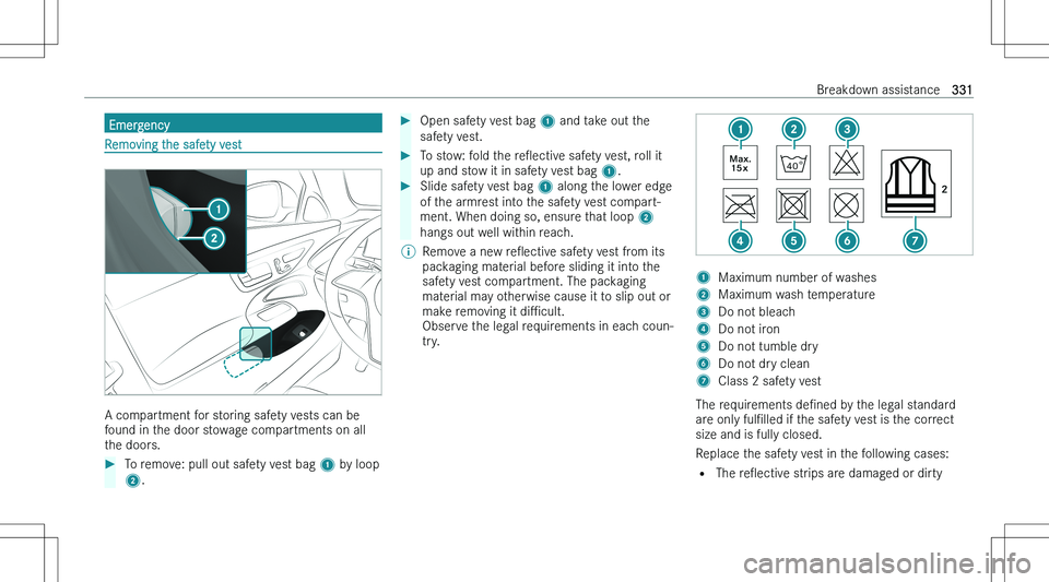 MERCEDES-BENZ GLE COUPE 2023  Owners Manual �E�m�e�r�g�e�n�c�y
�R�e�m�o�v�i�n�g� �t�h�e� �s�a�f�e�t�y� �v�e�s�t
�A� �c�o�m�p�a�r�t�m�e�n�t� �f�o�r� �s�t�o�r�i�n�g� �s�a�f�e�t�y� �v�e�s�t�s� �c�a�n� �b�e�f�o�u�n�d� �i�n� �t�h�e� �d�o�o�r� �s�t�o