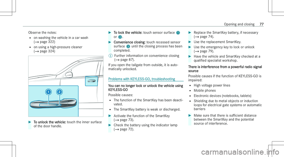 MERCEDES-BENZ GLE COUPE 2023 Manual PDF �O�b�s�e�r�v�e� �t�h�e� �n�o�t�e�s�:
�= �o�n� �w�a�s�h�i�n�g� �t�h�e� �v�e�h�i�c�l�e� �i�n� �a� �c�a�r� �w�a�s�h
�( � � �p�a�g�e� �3�2�2�)
�= �o�n� �u�s�i�n�g� �a� �h�i�g�h�-�p�r�e�s�s�u�r�e� �c�l�e�
