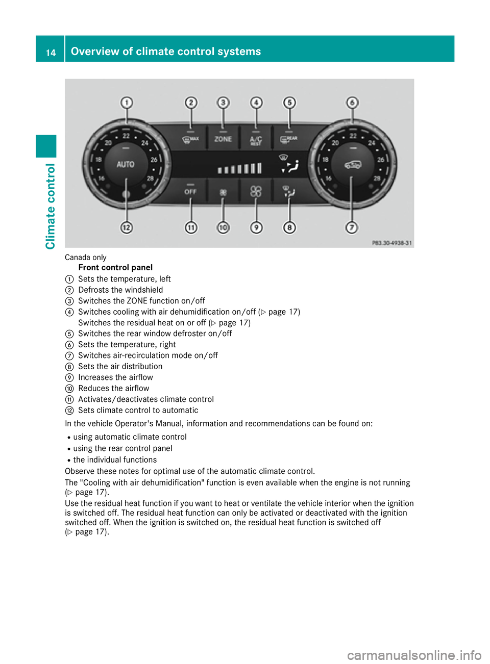 MERCEDES-BENZ GLE HYBRID 2017 User Guide Canada on ly
Front control panel�C
Sets the temperature, left�D
Defrosts the windshield�