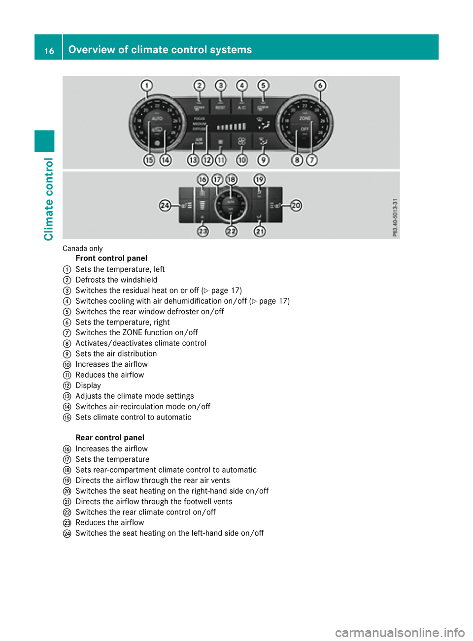 MERCEDES-BENZ GLE HYBRID 2017 User Guide Canada on ly
Front control panel�C
Sets the temperature, left�D
Defrosts the windshield�