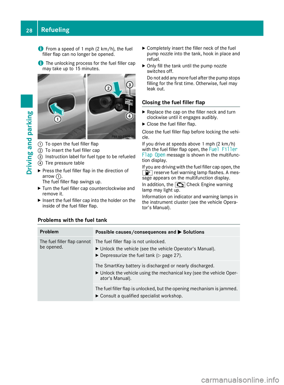 MERCEDES-BENZ GLE HYBRID 2017 Owners Manual i From a speed of 1 mph (2 km/h), the fuel
filler flap can no longer be opened.
i The unlocking process for the fuel filler cap
may take up to 15 minutes.
�C
To open the fuel filler flap�D
To insert t