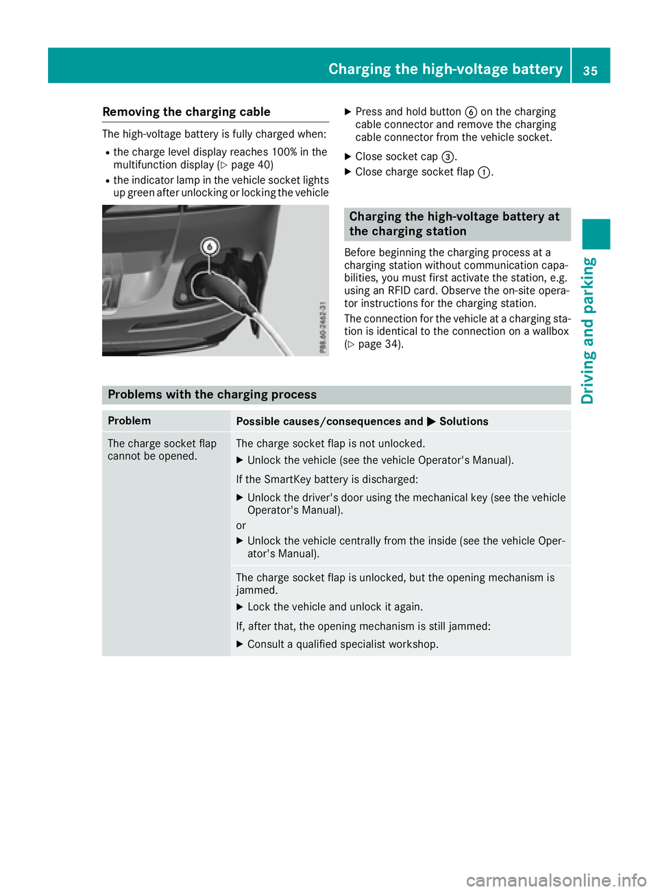 MERCEDES-BENZ GLE HYBRID 2017 Owners Guide Removing the charging cable The high-voltage battery is fully charged when: R
the charge level display reaches 100% in the
multifunction display ( Y
page 40)R
the indicator lamp in the vehicle socket 
