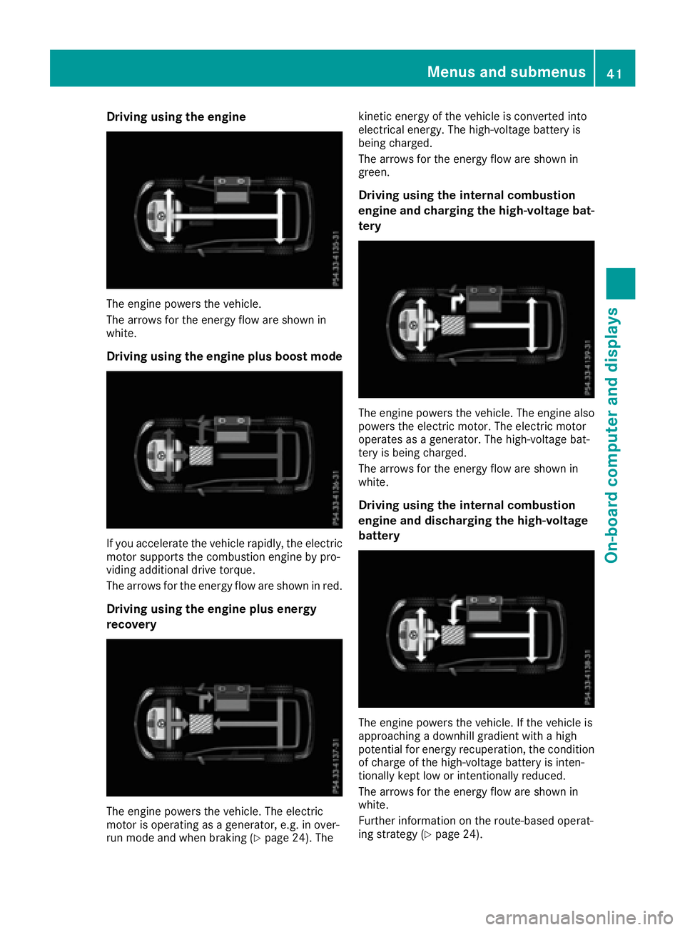 MERCEDES-BENZ GLE HYBRID 2017 Service Manual Driving using th e engin e
The engin e powers th e vehicle.
The arrows fo r th e energ y flo w are shown in
white.
Driving using th e engin e plus boost mode
If you accelerate th e vehicl e rapidly, t