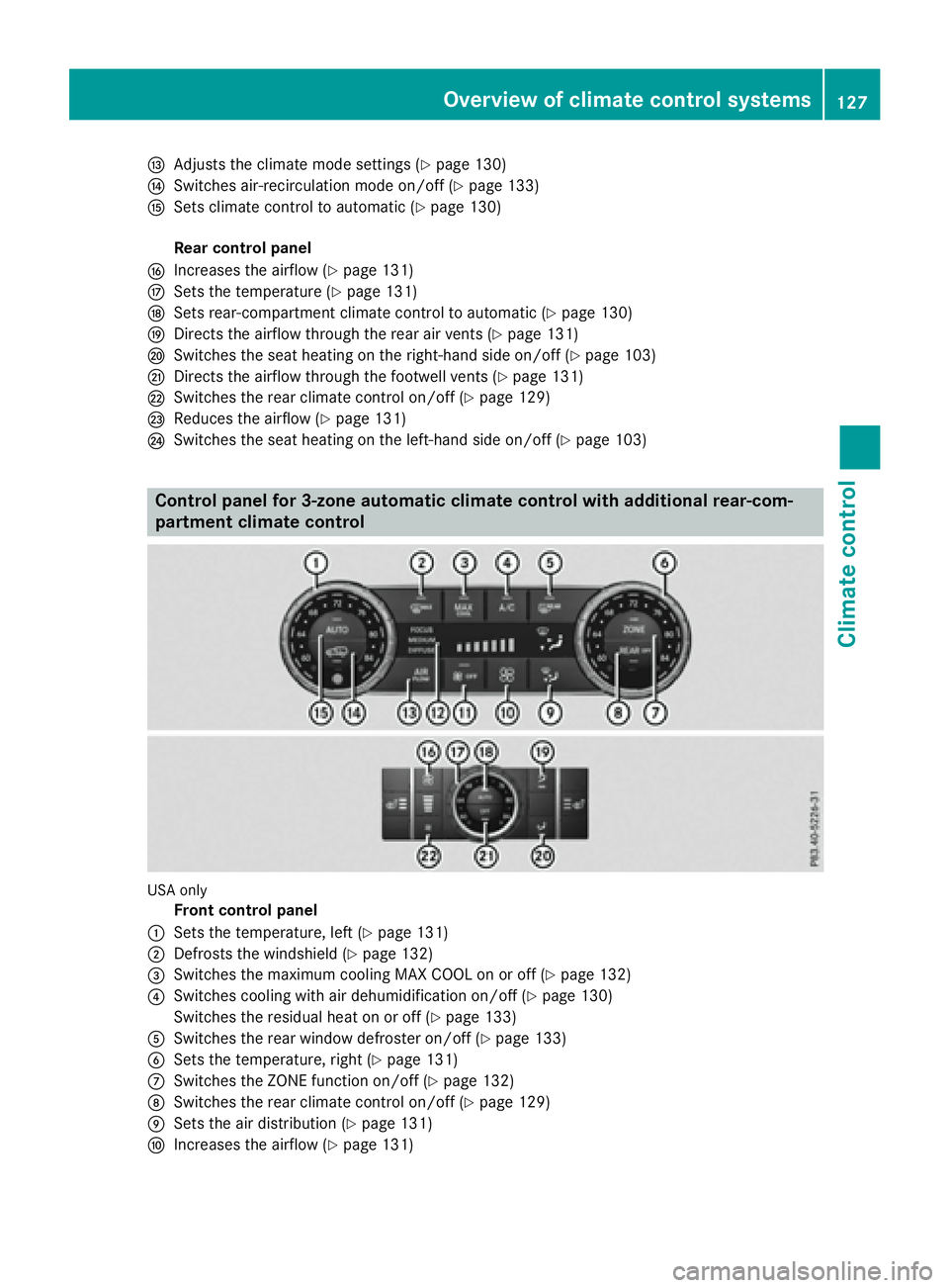 MERCEDES-BENZ GLS 2017  Owners Manual �q
Adjusts the climate mode settings ( Y
page 130)�r
Switches air-recirculation mode on/off ( Y
page 133)�s
Sets climate control to automatic ( Y
page 130)
Rear control panel�t
Increases the airflow (