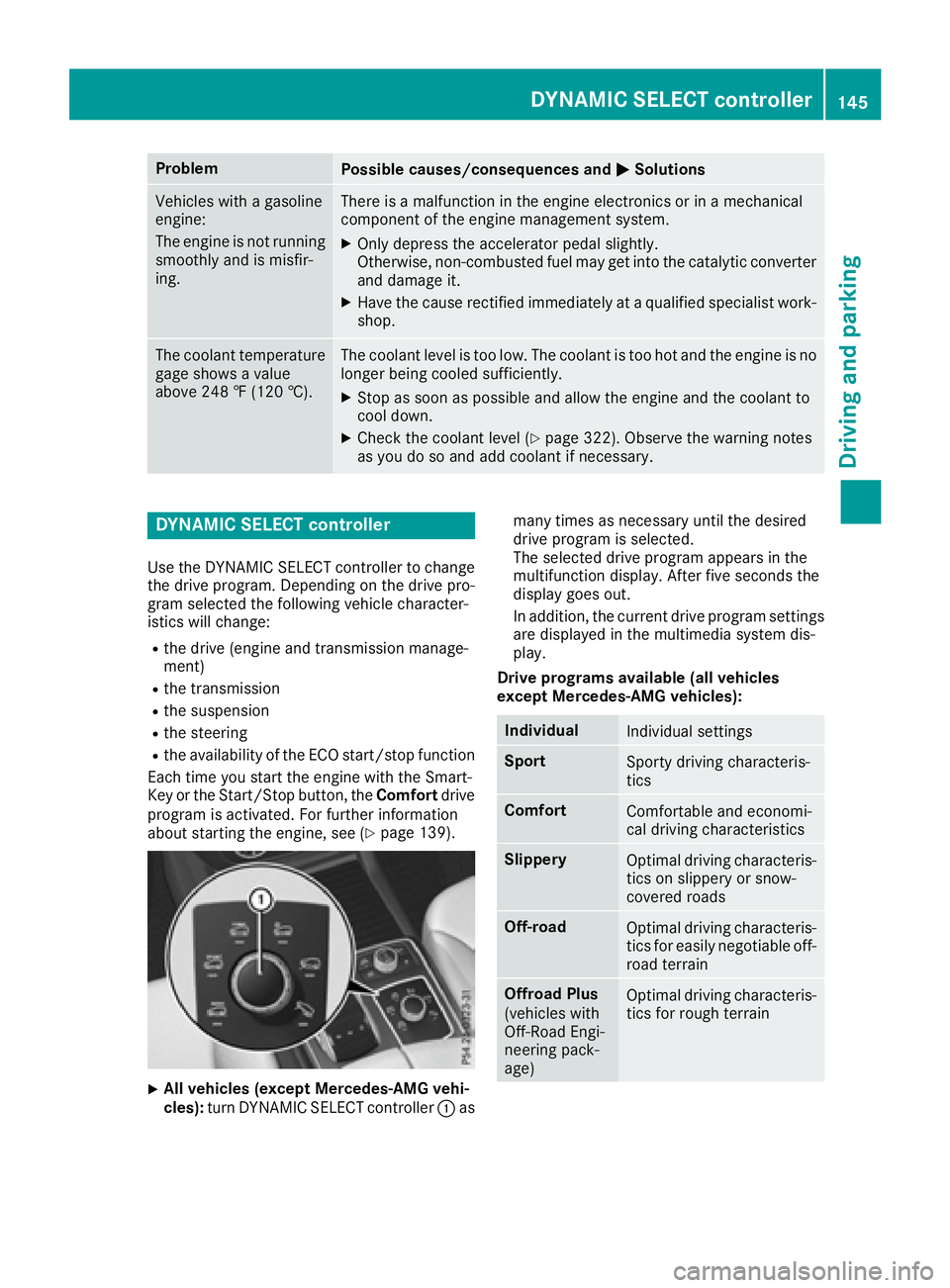 MERCEDES-BENZ GLS 2017  Owners Manual Problem
Possible causes/consequences and �P Solutions
Vehicles with a gasoline
engine:
The engine is not running
smoothly and is misfir-
ing. There is a malfunction in the engine electronics or in a m