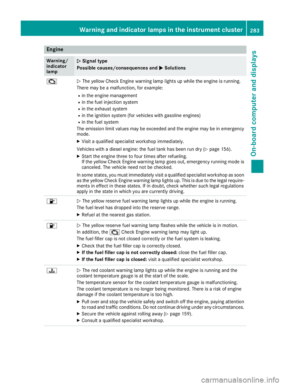 MERCEDES-BENZ GLS 2017  Owners Manual Engine Warning/
indicator
lamp �Q Signal type
Possible causes/consequences and �P Solutions
�