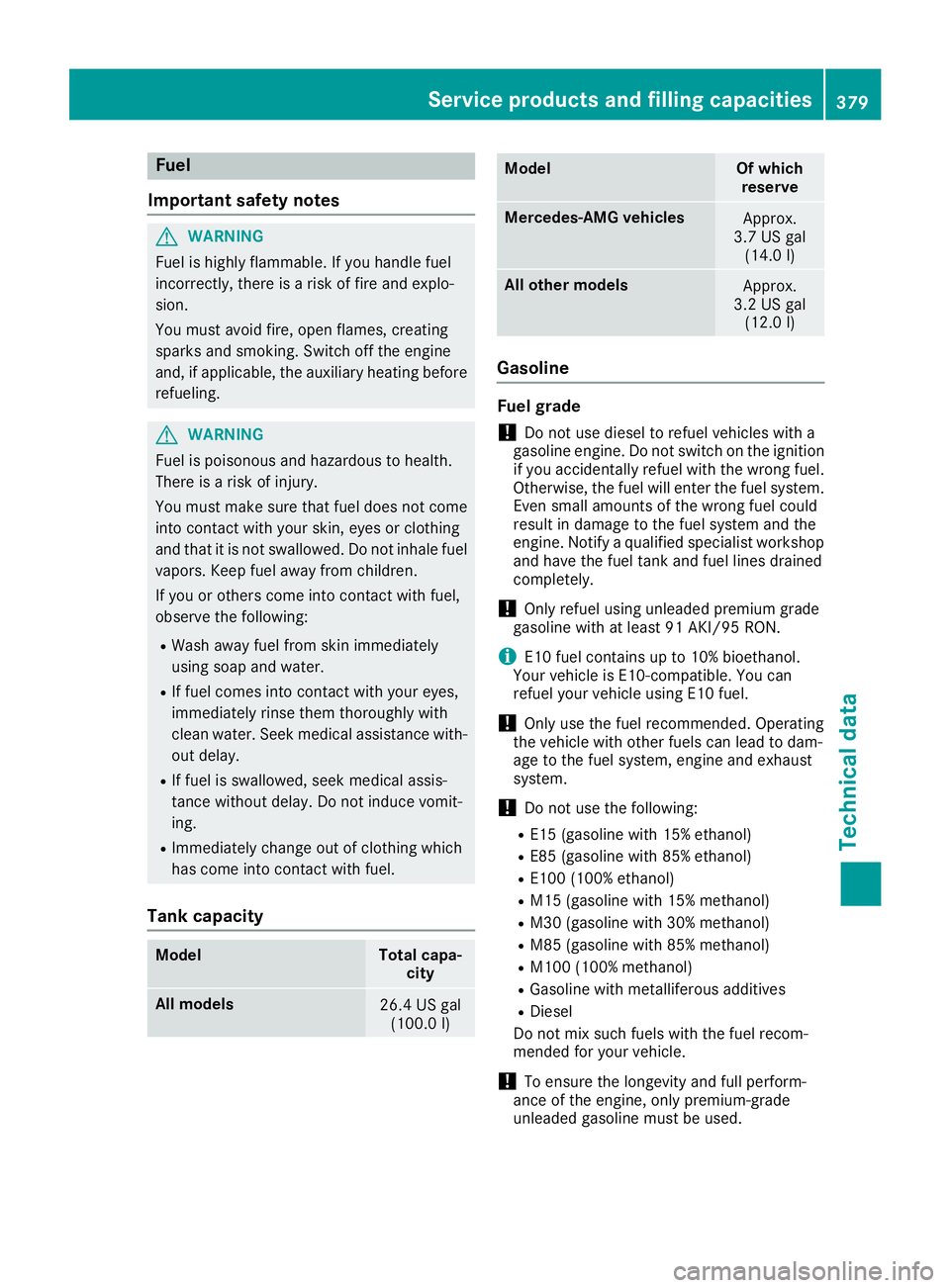 MERCEDES-BENZ GLS 2017  Owners Manual Fuel
Important safety notes
G WARNIN G
Fuel is highly flammable . If you handle fuel
incorrectly, there is a ris k of fir e and explo-
sion .
You must avoi d fire, open flames, creating
sparks and smo