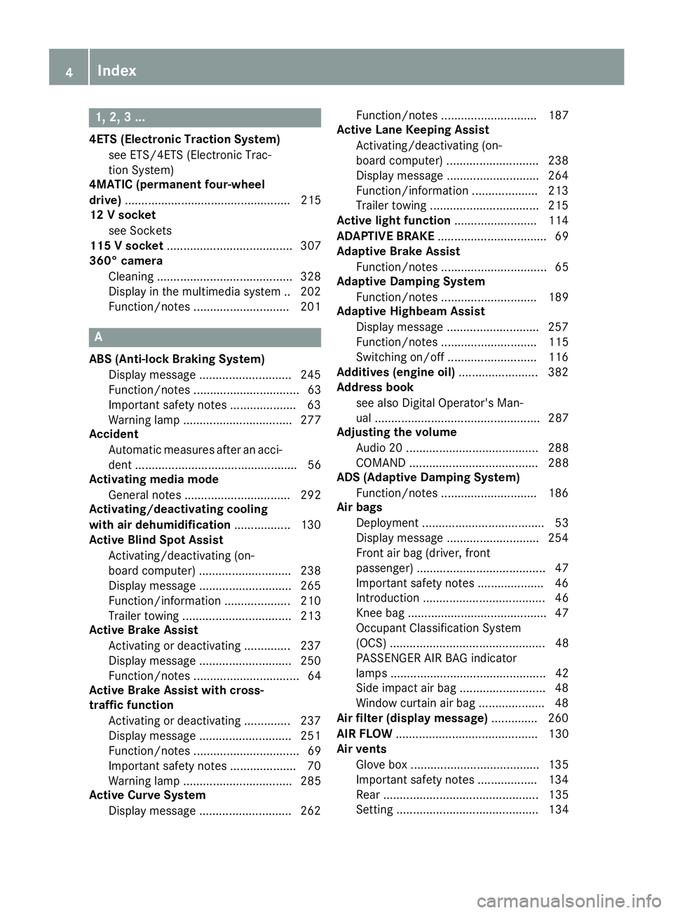 MERCEDES-BENZ GLS 2017 Owners Manual 1, 2, 3 ...4ETS (Electronic Traction System)
see ETS/4ETS (Electronic Trac-
tion System)
4MATIC (permanent four-wheel
drive) .................................................. 215
12 V socket
see Sock MERCEDES-BENZ GLS 2017 Owners Manual 1, 2, 3 ...4ETS (Electronic Traction System)
see ETS/4ETS (Electronic Trac-
tion System)
4MATIC (permanent four-wheel
drive) .................................................. 215
12 V socket
see Sock