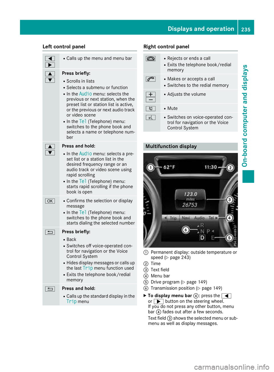 MERCEDES-BENZ GLS 2018  Owners Manual Left control panel �Y
�e R
Calls up the menu and menu bar
�c
�d Press briefly: R
Scrolls in lists R
Selects a submenu or function R
In the Audio menu: selects the
previous or next station, when the
pr
