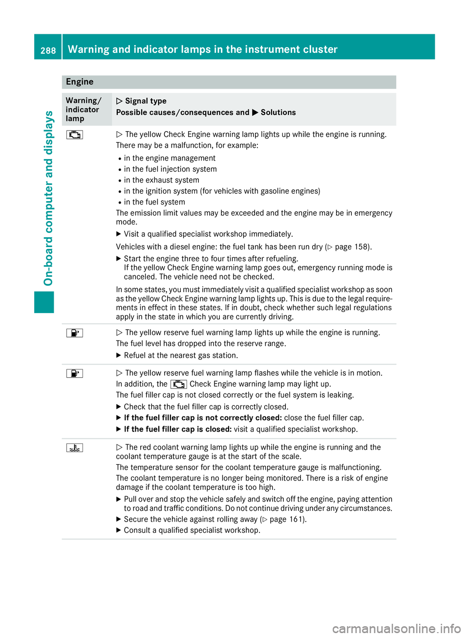 MERCEDES-BENZ GLS 2018  Owners Manual Engine Warning/
indicator
lamp �Q Signal type
Possible causes/consequences and �P Solutions
�