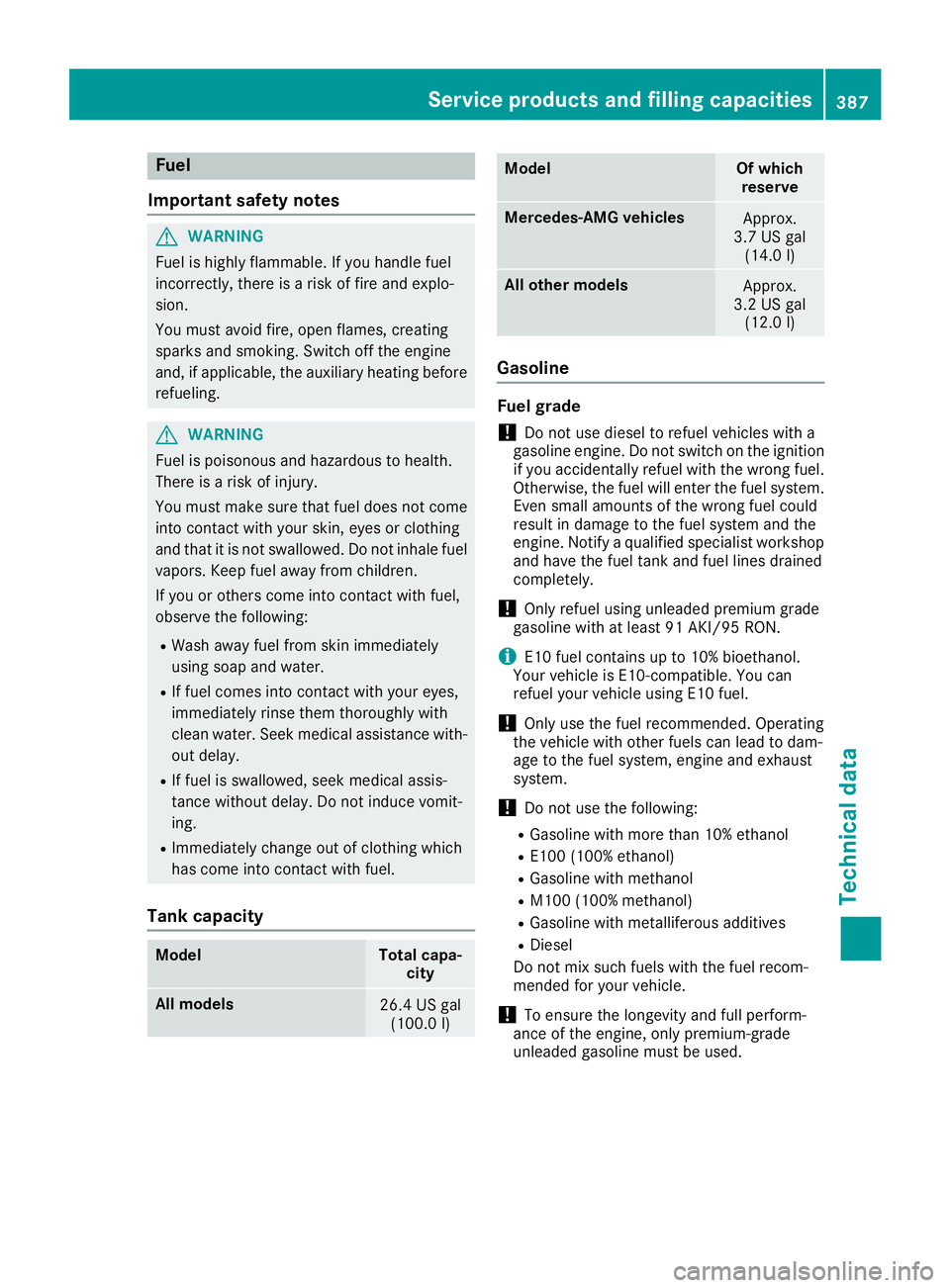 MERCEDES-BENZ GLS 2018  Owners Manual Fuel
Important safety notes
G WARNIN G
Fuel is highly flammable . If you handle fuel
incorrectly, there is a ris k of fir e and explo-
sion .
You must avoi d fire, open flames, creating
sparks and smo