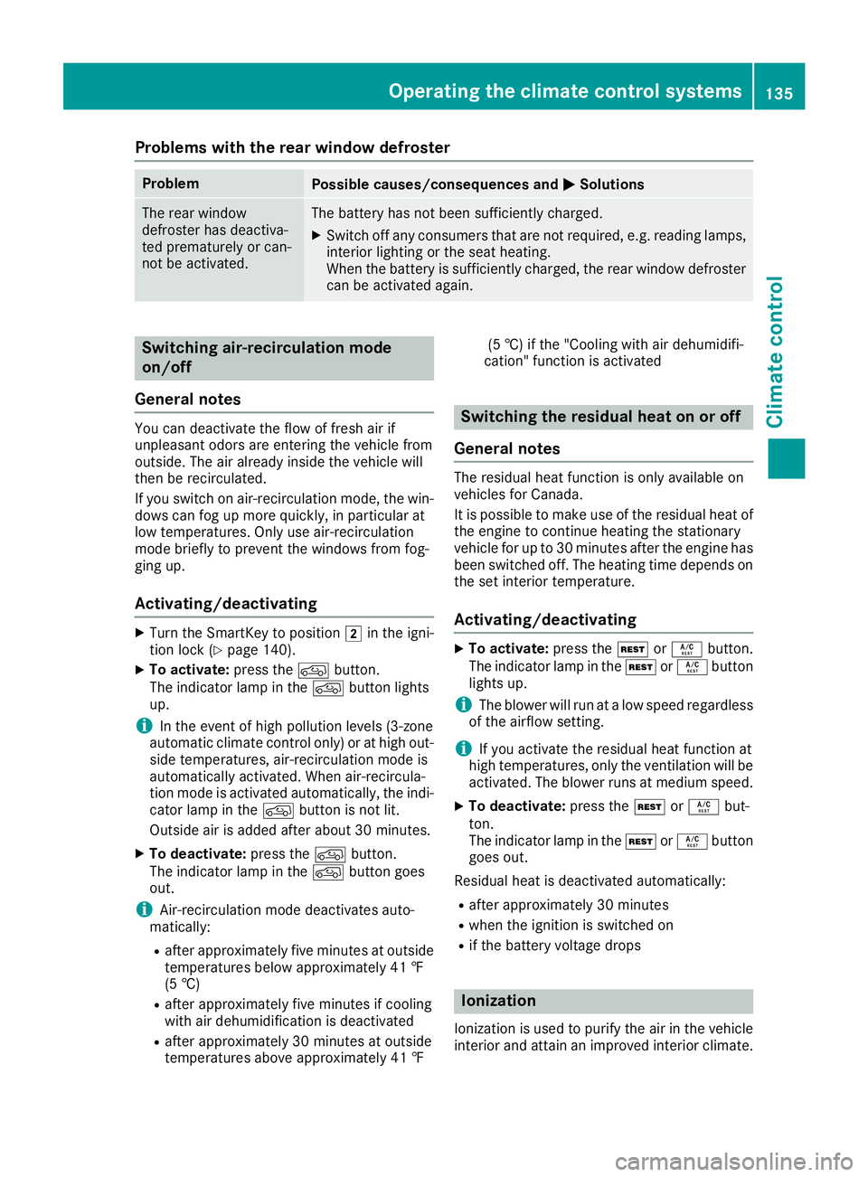 MERCEDES-BENZ GLS 2019 Owners Manual Problems with the rear window defroster
Problem
Possible causes/consequences and
0050
0050Solutions The rear window
defroster has deactiva-
ted prematurely or can-
not be activated. The battery has no MERCEDES-BENZ GLS 2019 Owners Manual Problems with the rear window defroster
Problem
Possible causes/consequences and
0050
0050Solutions The rear window
defroster has deactiva-
ted prematurely or can-
not be activated. The battery has no