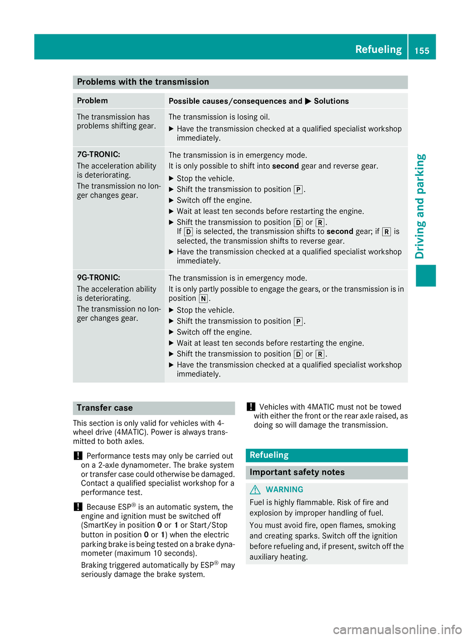 MERCEDES-BENZ GLS 2019 Owners Manual Problems with the transmission
Problem
Possible causes/consequences and
0050
0050Solutions The transmission has
problems shifting gear. The transmission is losing oil.
X Have the transmission checked MERCEDES-BENZ GLS 2019 Owners Manual Problems with the transmission
Problem
Possible causes/consequences and
0050
0050Solutions The transmission has
problems shifting gear. The transmission is losing oil.
X Have the transmission checked