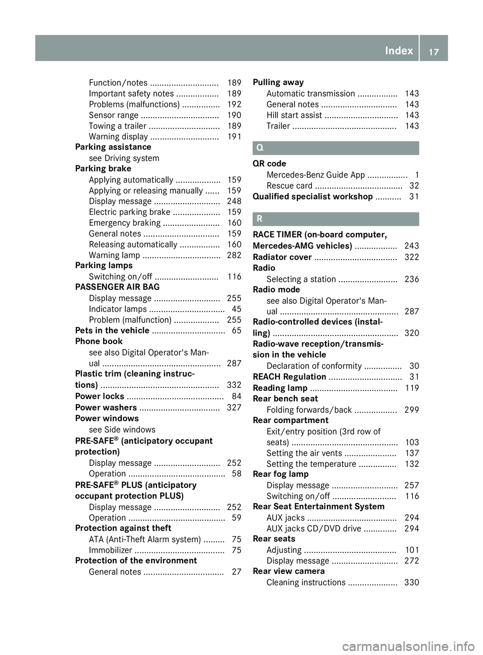 MERCEDES-BENZ GLS 2019  Owners Manual Function/notes ............................. 189
Important safety notes .................. 189
Problems (malfunctions) ................ 192
Sensor range ................................
.190
Towing a 