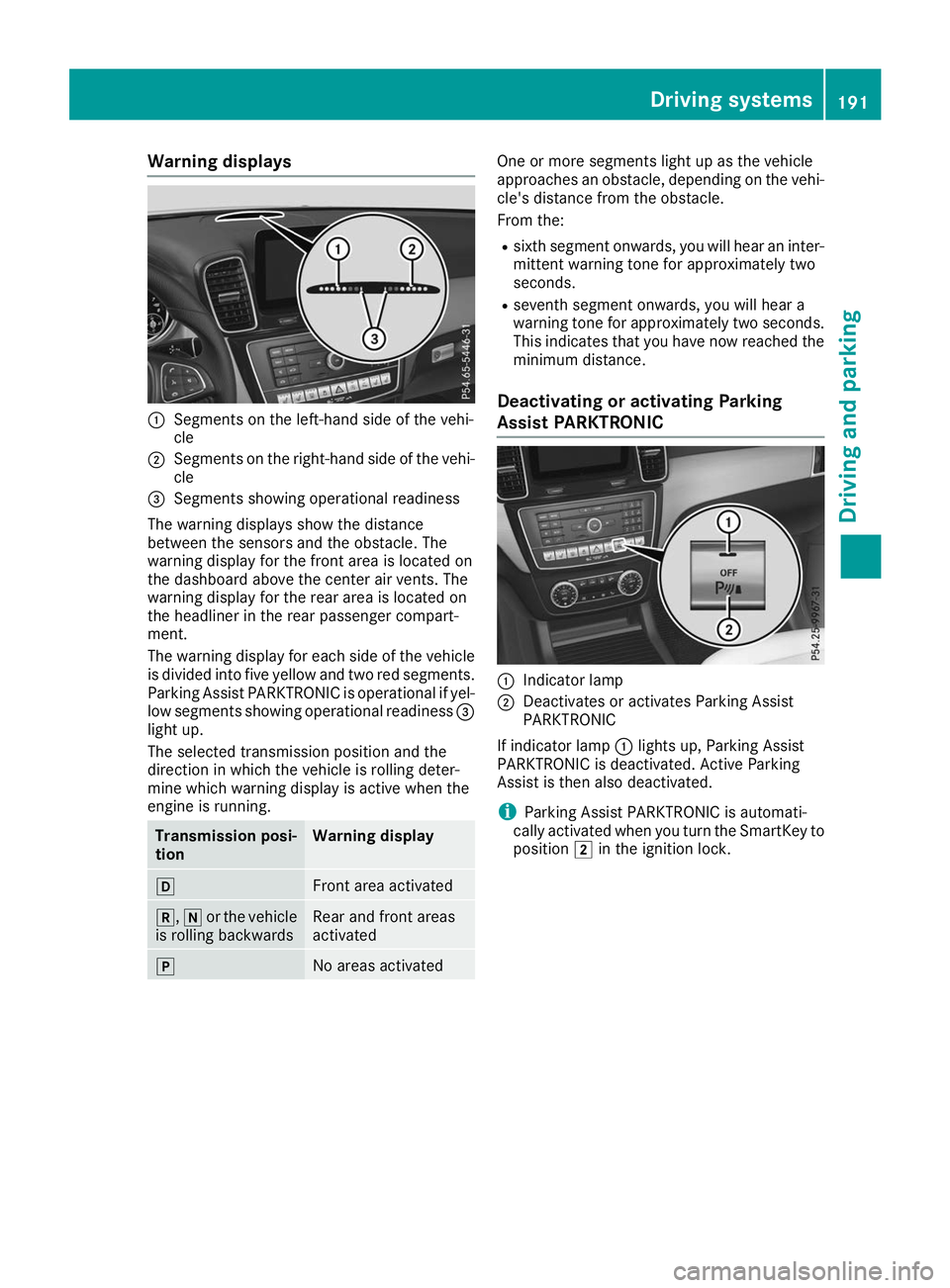 MERCEDES-BENZ GLS 2019  Owners Manual Warning displays
0043
Segments on the left-hand side of the vehi-
cle
0044 Segments on the right-hand side of the vehi-
cle
0087 Segments showing operational readiness
The warning displays show the di