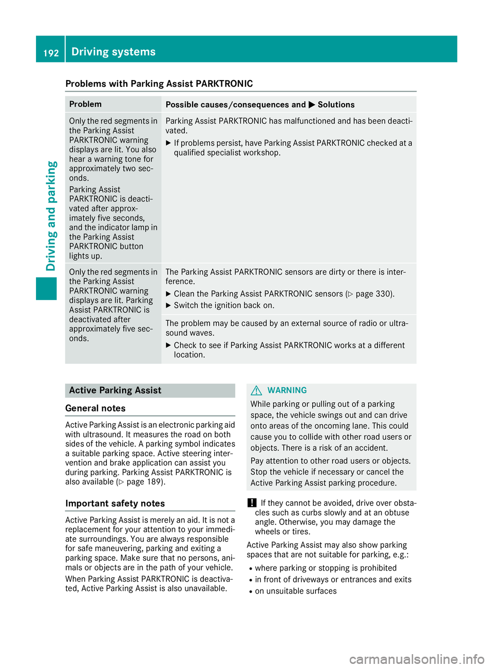 MERCEDES-BENZ GLS 2019  Owners Manual Problems with Parking Assist PARKTRONIC
Problem
Possible causes/consequences and
0050
0050Solutions Only the red segments in
the Parking Assist
PARKTRONIC warning
displays are lit. You also
hear a war
