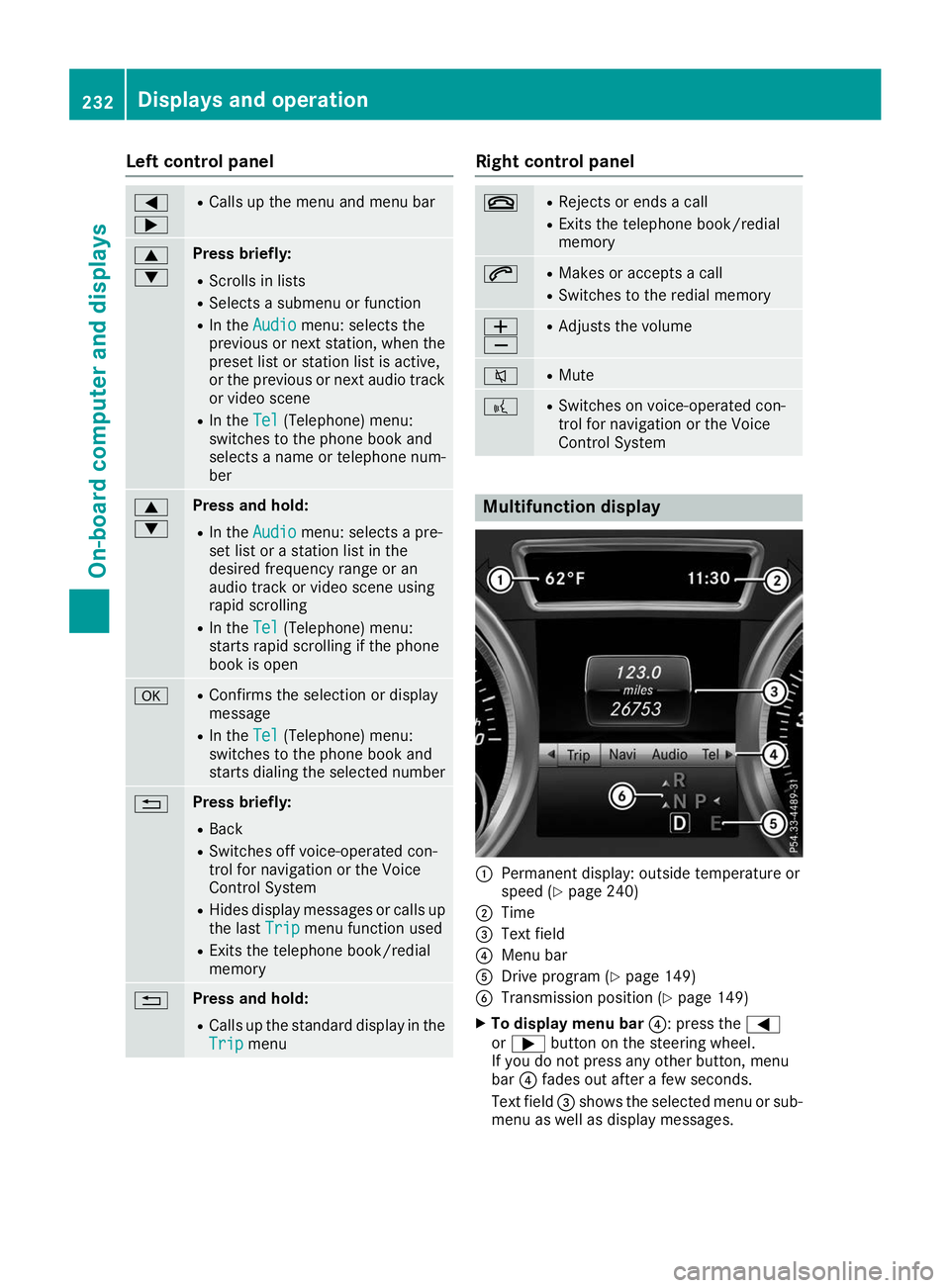 MERCEDES-BENZ GLS 2019  Owners Manual Left control panel
0059
0065 R
Calls up the menu and menu bar 0063
0064 Press briefly:
R Scrolls in lists
R Selects a submenu or function
R In the Audio Audio menu: selects the
previous or next statio