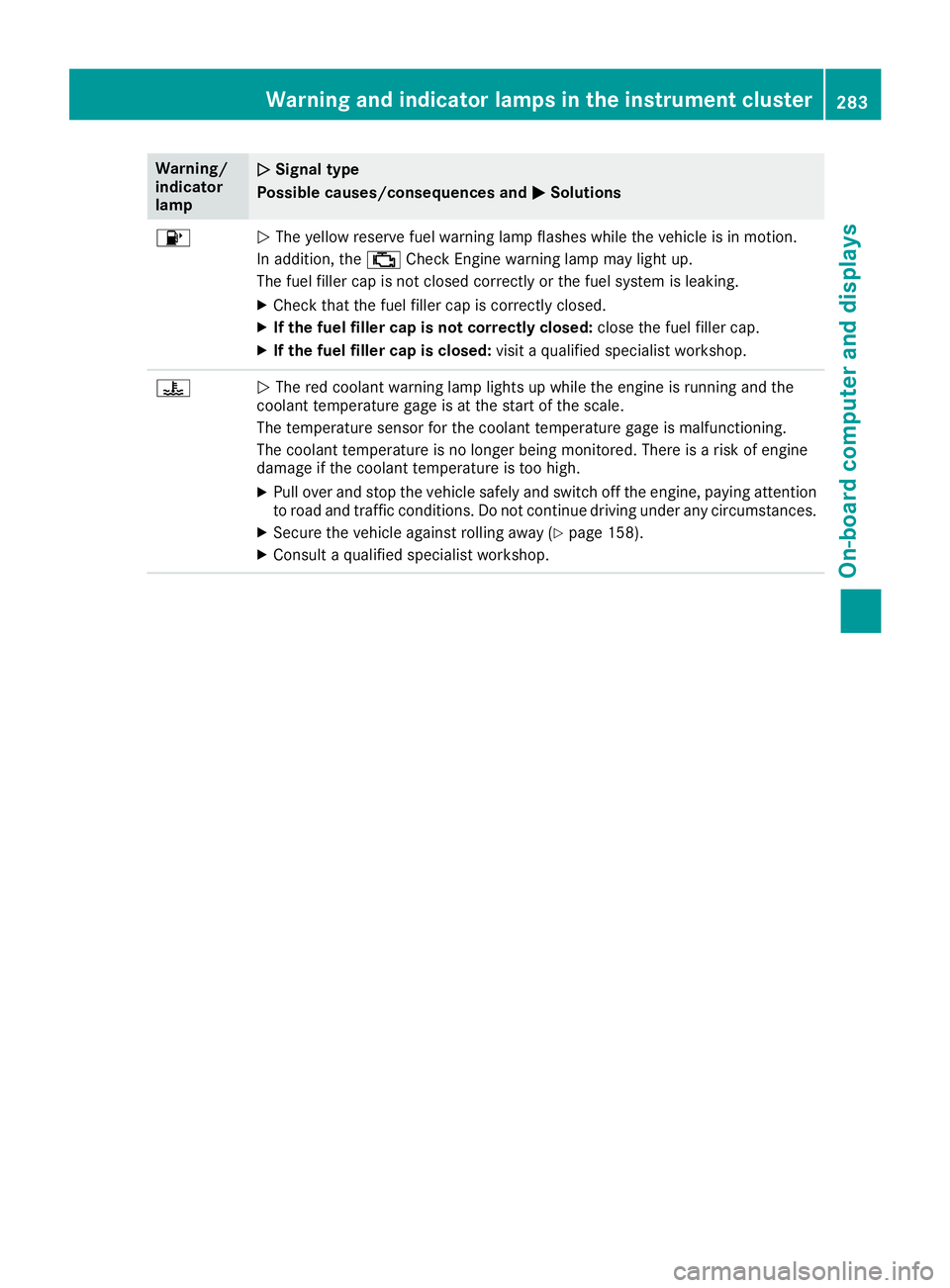 MERCEDES-BENZ GLS 2019  Owners Manual Warning/
indicator
lamp
0051 0051
Signal type
Possible causes/consequences and 0050
0050Solutions 00B6
0051
The yellow reserve fuel warning lamp flashes while the vehicle is in motion.
In addition, th