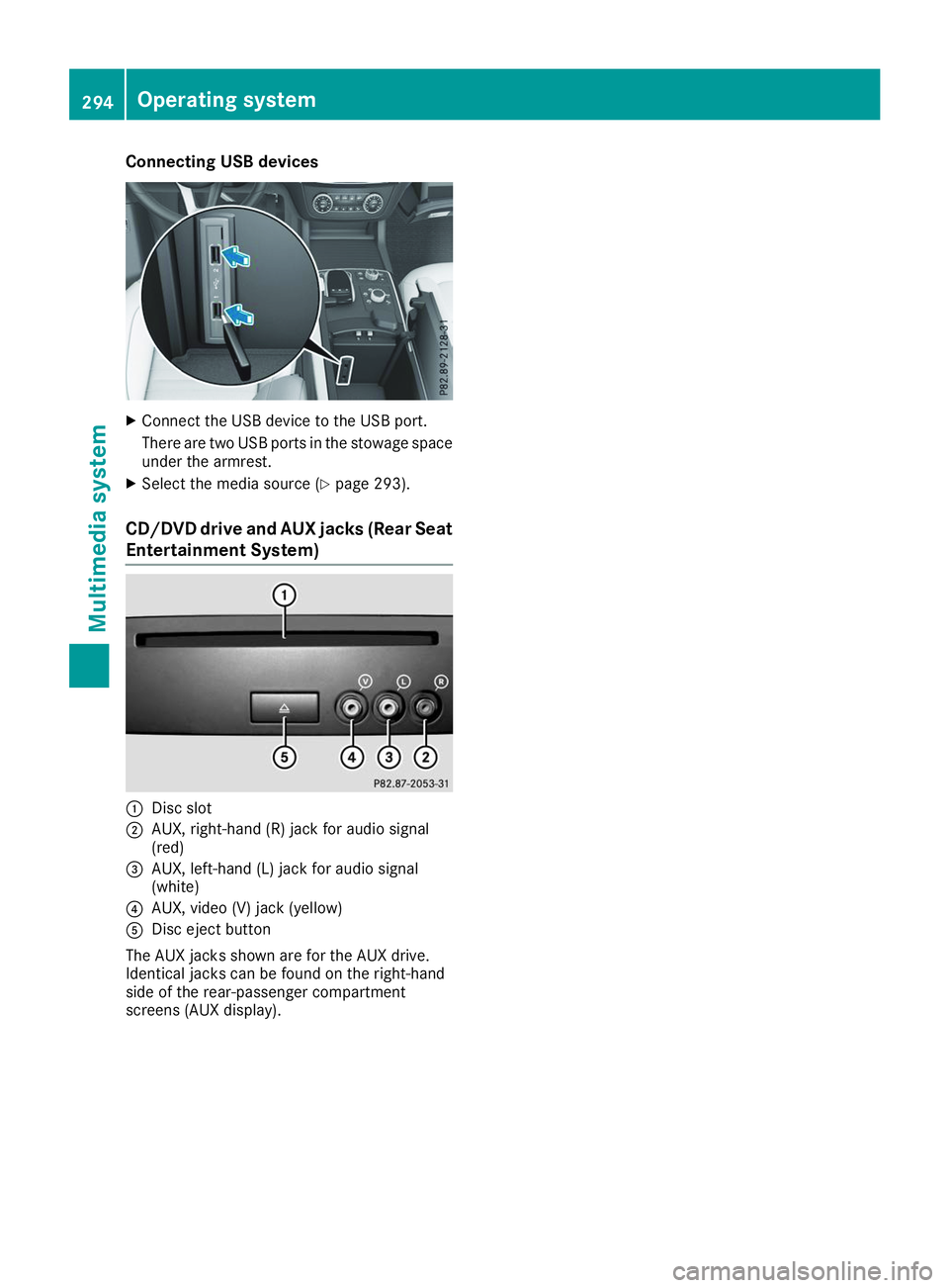 MERCEDES-BENZ GLS 2019  Owners Manual Connecting USB devices
X
Connect the USB device to the USB port.
There are two USB ports in the stowage space
under the armrest.
X Select the media source (Y page 293).
CD/DVD drive and AUX jacks (Rea