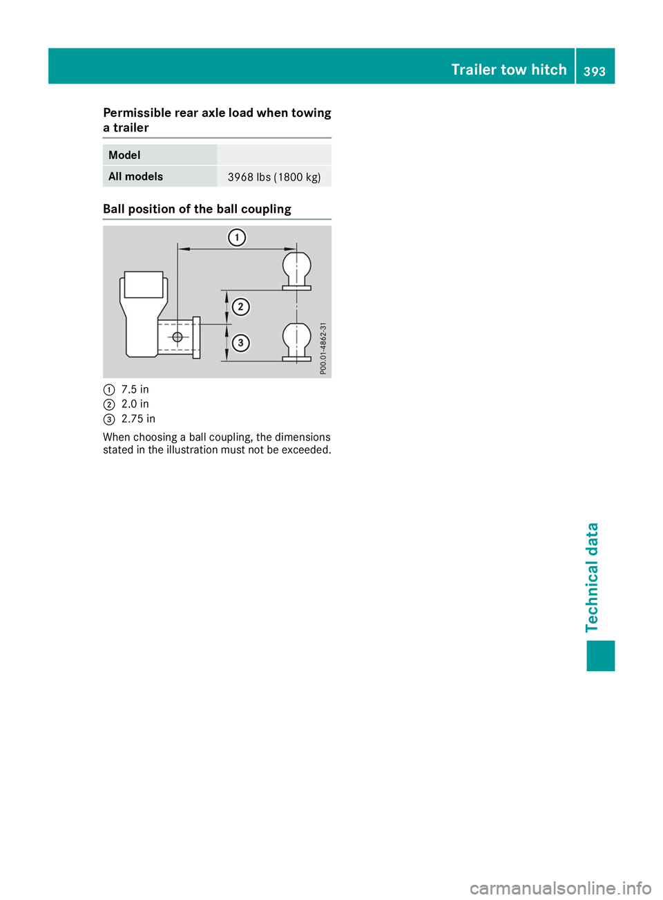 MERCEDES-BENZ GLS 2019 Owners Manual Permissible rear axle load when towing
a trailer Model
All models
3968 lbs (1800 kg)
Ball position of the ball coupling
0043
7.5 in
0044 2.0 in
0087 2.75 in
When choosing a ball coupling, the dimensio MERCEDES-BENZ GLS 2019 Owners Manual Permissible rear axle load when towing
a trailer Model
All models
3968 lbs (1800 kg)
Ball position of the ball coupling
0043
7.5 in
0044 2.0 in
0087 2.75 in
When choosing a ball coupling, the dimensio