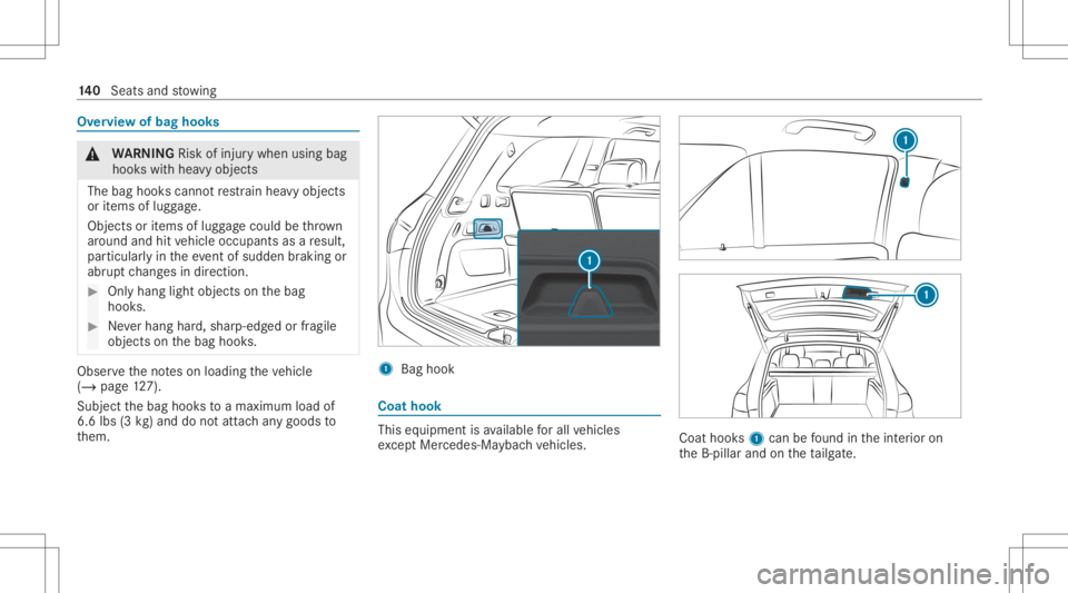 MERCEDES-BENZ GLS 2020  Owners Manual Ov
ervie wof bag hook s &
WARNIN GRisk ofinju rywhen usingbag
hook swit hhea vyobj ect s
The bag hook scan notre stra in hea vyobje cts
or items oflugg age.
Obj ectsor items oflugg agecould bethrow n
