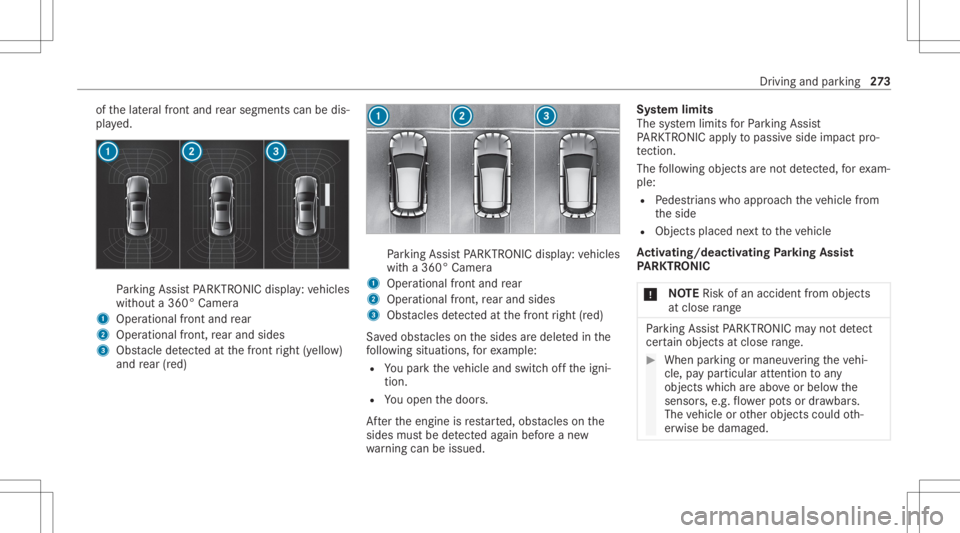 MERCEDES-BENZ GLS 2020 Owners Manual of
thelat eral front and rear segm entscan bedis‐
pla yed. Pa
rking AssistPA RK TRONI Cdisp lay: vehicles
wit hout a360° Camer a
1 Oper ational front and rear
2 Operation alfron t,re ar and sides
3 MERCEDES-BENZ GLS 2020 Owners Manual of
thelat eral front and rear segm entscan bedis‐
pla yed. Pa
rking AssistPA RK TRONI Cdisp lay: vehicles
wit hout a360° Camer a
1 Oper ational front and rear
2 Operation alfron t,re ar and sides
3