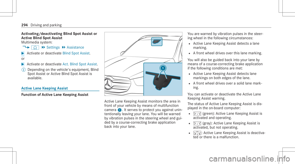 MERCEDES-BENZ GLS 2020 Owners Manual Ac
tiv atin g/deac tivatin gBli nd Spo tAs sist or
Ac tiv eBli nd Spo tAs sist
Multimedia system:
4 © 5
Set ting s5
Assist ance #
Activateor deacti vate Blind Spot Assist.
or #
Activateor deacti vate MERCEDES-BENZ GLS 2020 Owners Manual Ac
tiv atin g/deac tivatin gBli nd Spo tAs sist or
Ac tiv eBli nd Spo tAs sist
Multimedia system:
4 © 5
Set ting s5
Assist ance #
Activateor deacti vate Blind Spot Assist.
or #
Activateor deacti vate